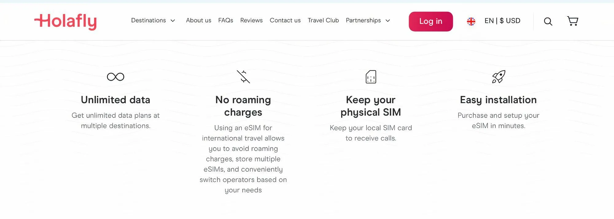 Trang chủ Holafly hiển thị các gói eSIM không giới hạn dữ liệu dành cho người dùng di chuyển