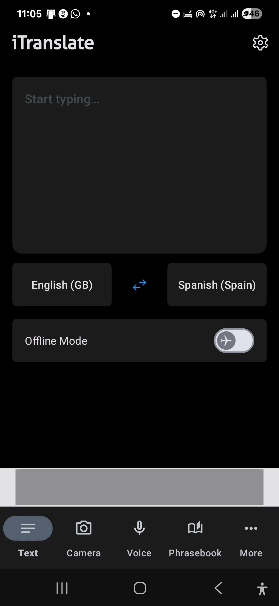Trang chủ iTranslate hiển thị tùy chọn Chế độ Offline