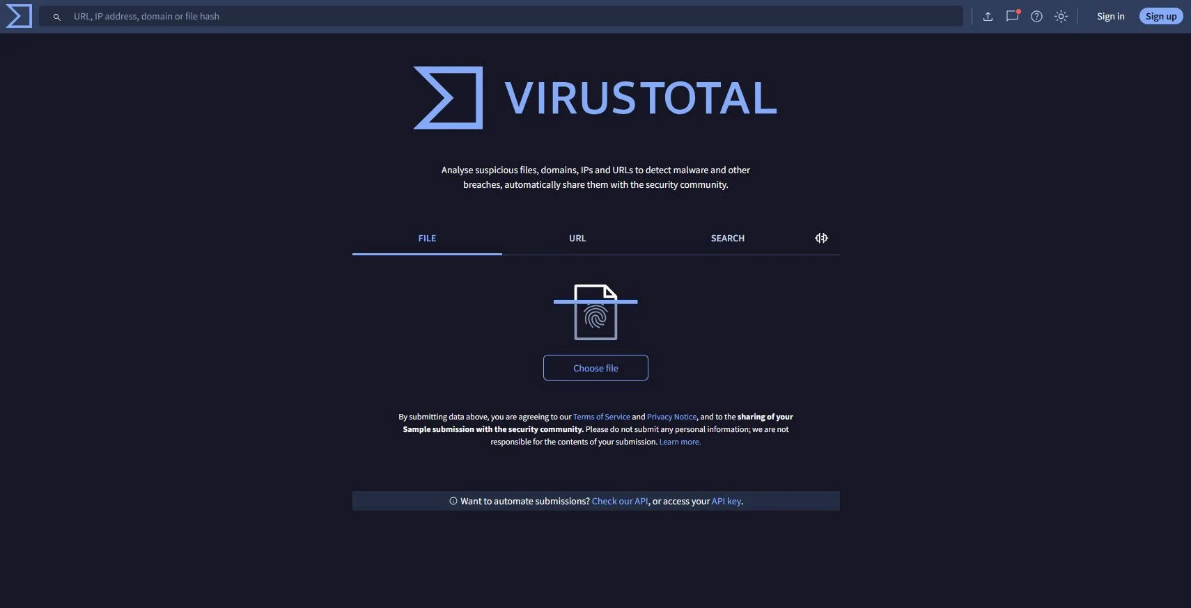 Trang chủ website VirusTotal, nơi người dùng có thể tải tệp lên hoặc nhập URL để kiểm tra mã độc trực tuyến.