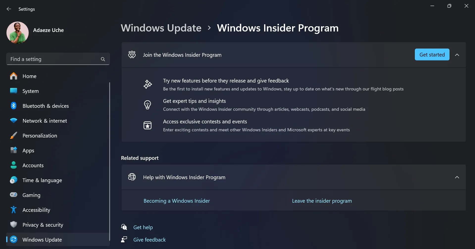 Trang chương trình Windows Insider trong ứng dụng Cài đặt của Windows 11
