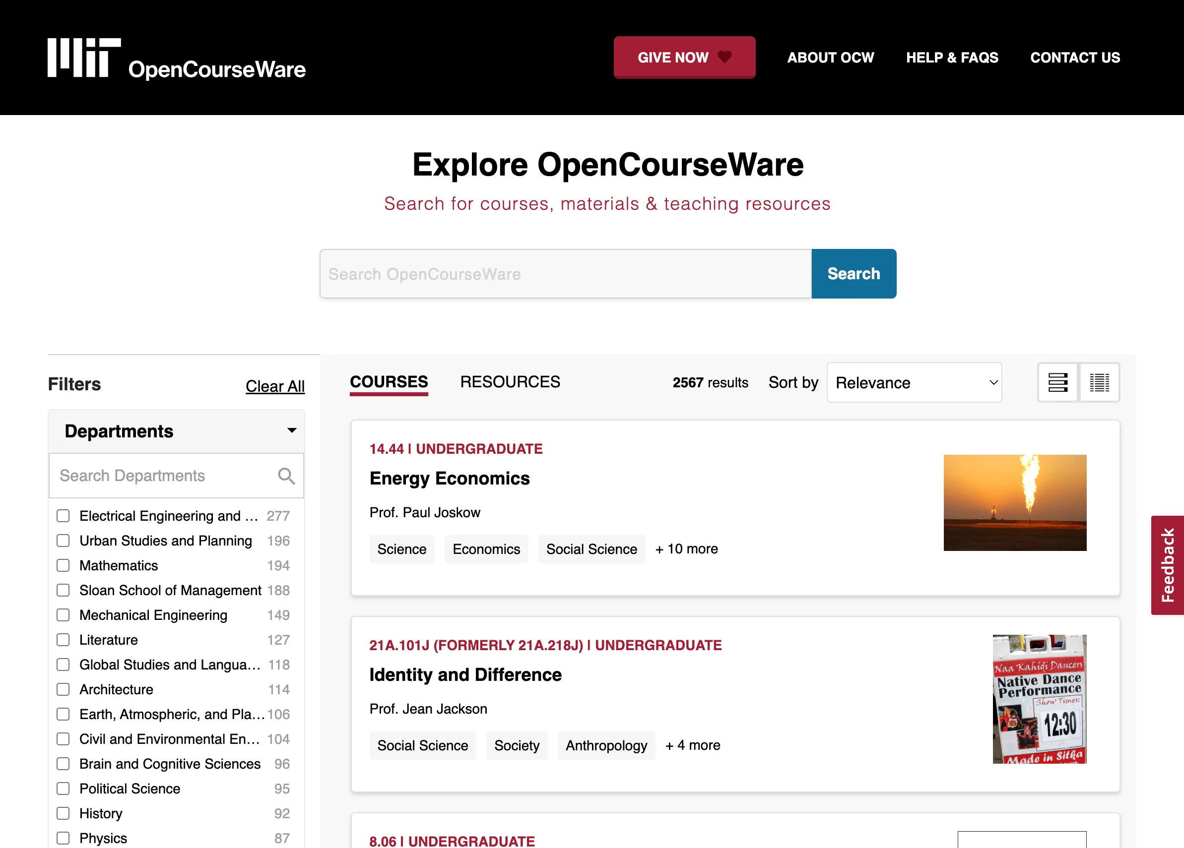 Trang duyệt khóa học của nền tảng MIT OpenCourseWare
