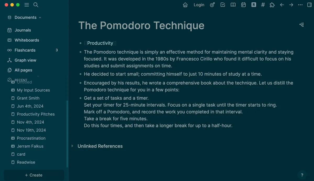 Trang ghi chú về kỹ thuật Pomodoro trong Logseq, minh họa liên kết hai chiều trong PKM