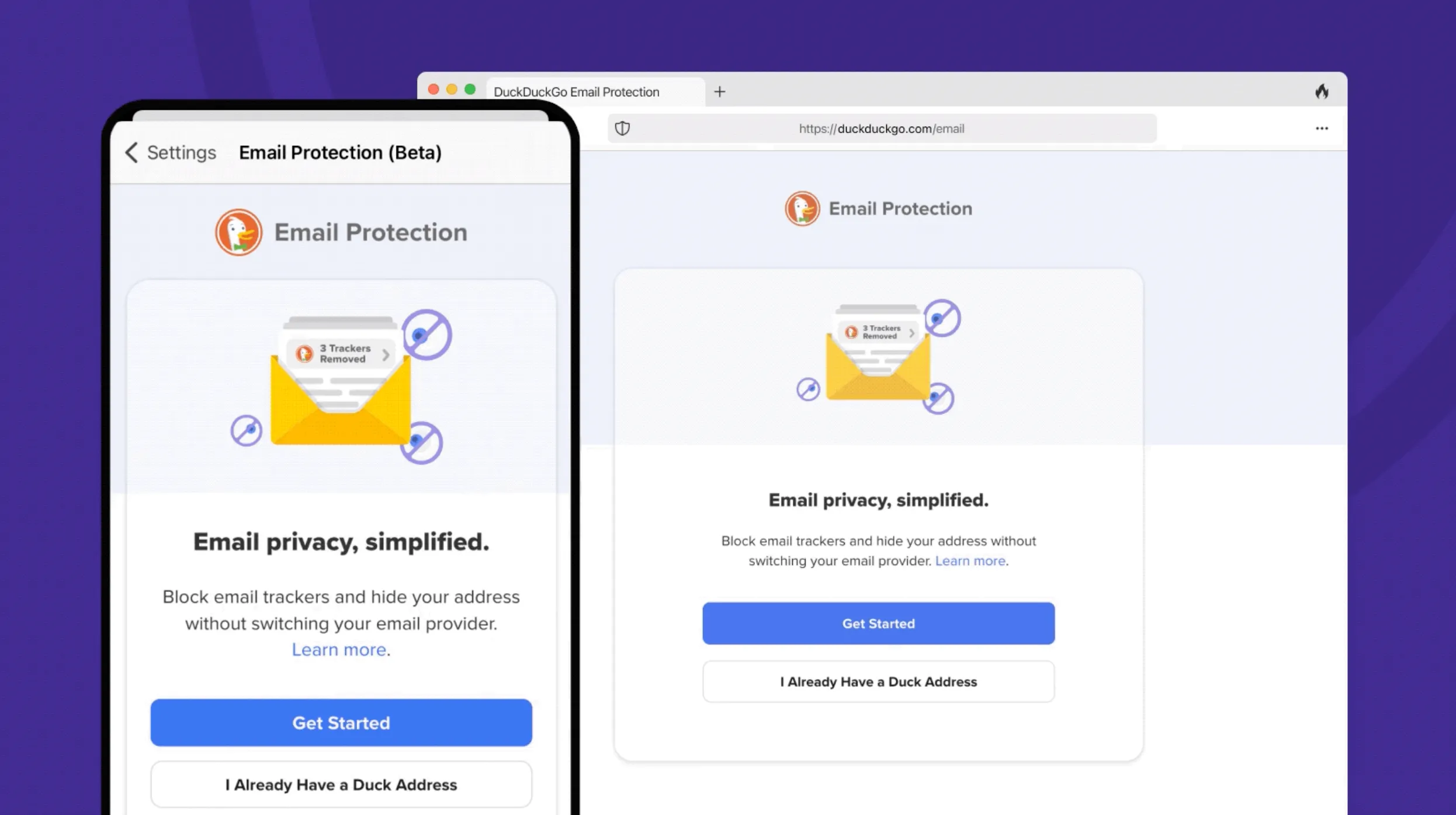 Trang giới thiệu và đăng ký tính năng bảo vệ email của DuckDuckGo trên nhiều nền tảng