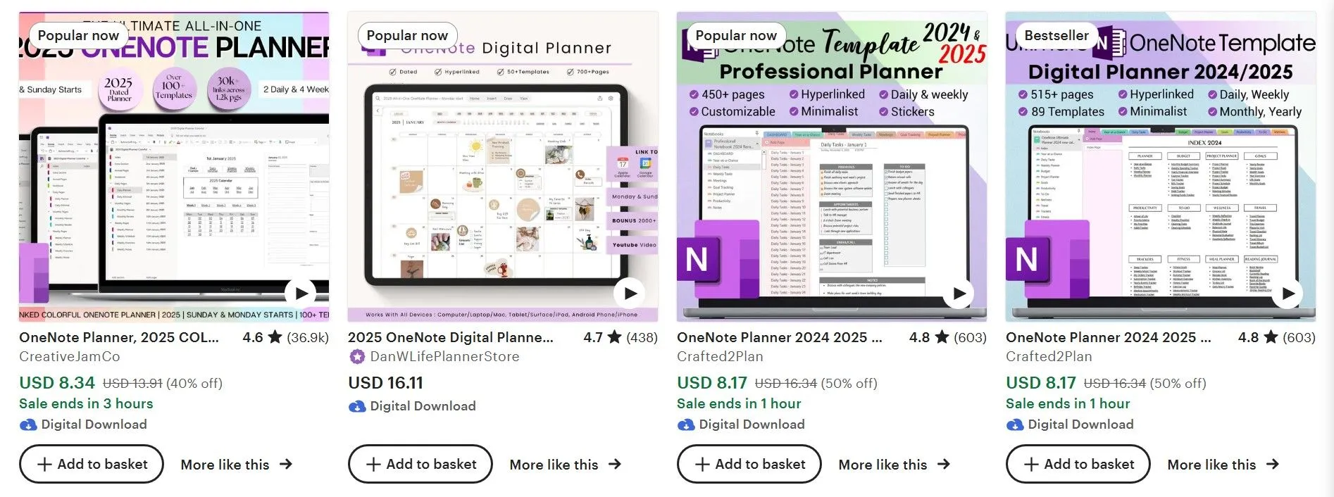 Trang kết quả tìm kiếm trên Etsy cho thấy đa dạng các mẫu OneNote