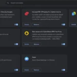 Trang quản lý tiện ích mở rộng của Google Chrome với các tùy chọn bật tắt và gỡ bỏ