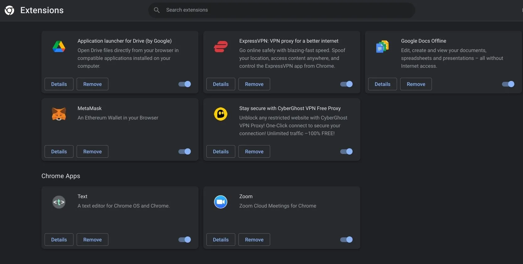 Trang quản lý tiện ích mở rộng của Google Chrome với các tùy chọn bật tắt và gỡ bỏ