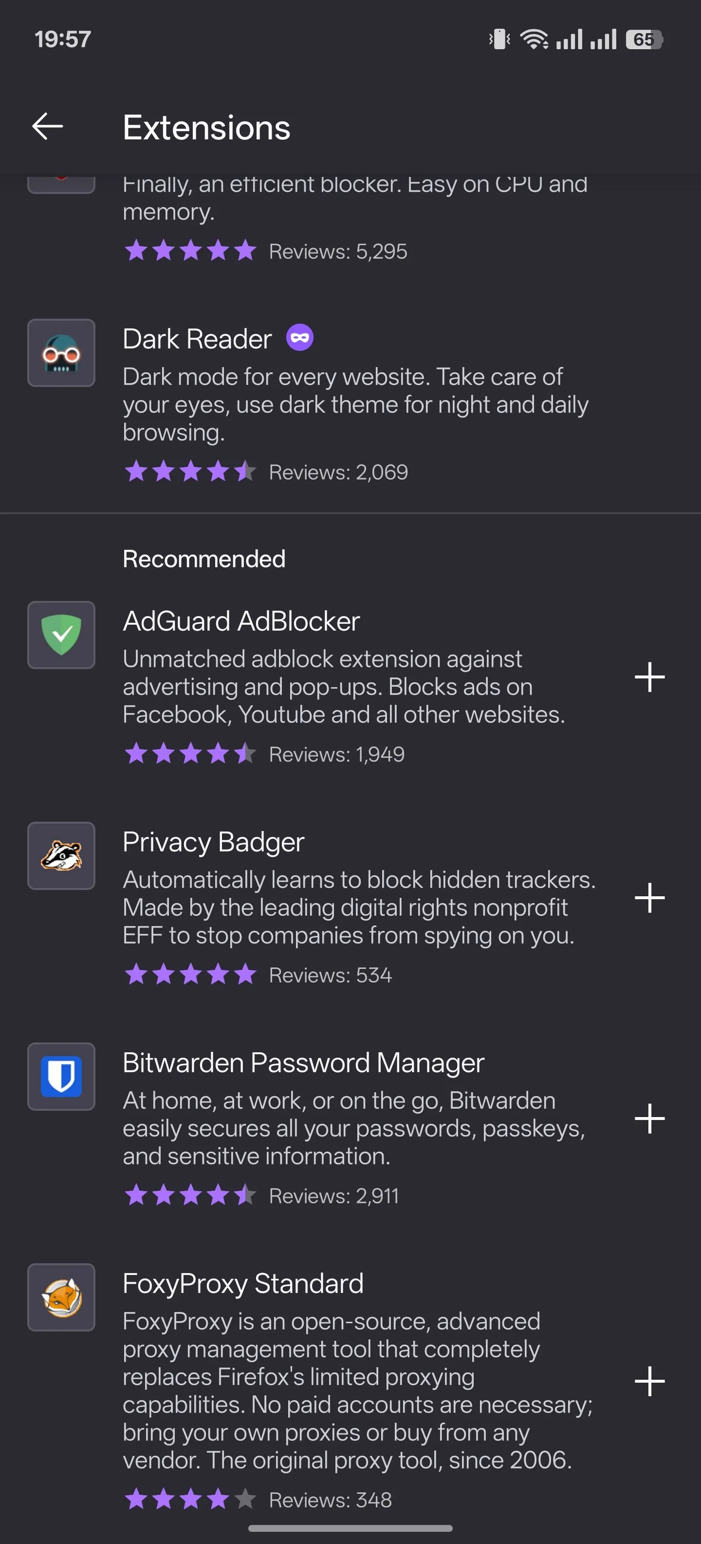Trang quản lý Tiện ích mở rộng (Extensions) trong trình duyệt Firefox dành cho Android
