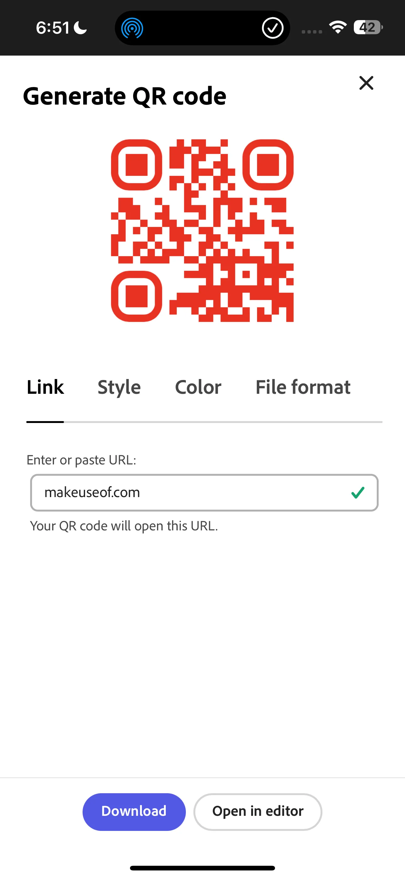 Trang tạo mã QR trong Adobe Express với liên kết website MakeUseOf