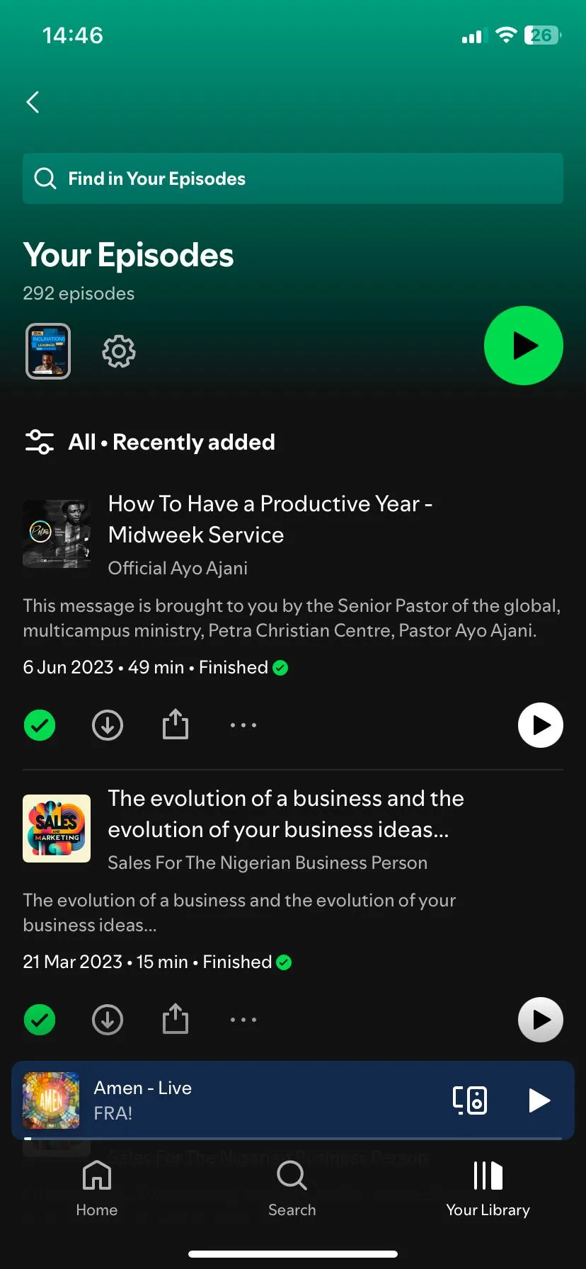 Trang &quot;Tập của bạn&quot; trong ứng dụng Spotify, nơi hiển thị các podcast đã tải xuống