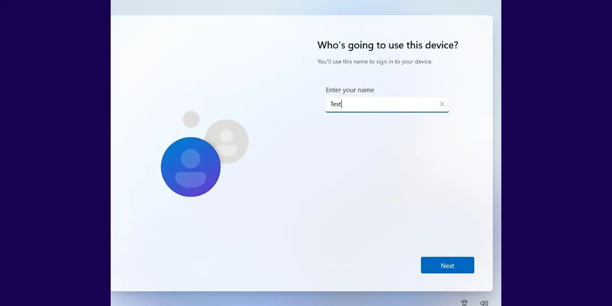 Trang thiết lập OOBE của Windows 11 cho phép tạo tên người dùng và câu hỏi bảo mật