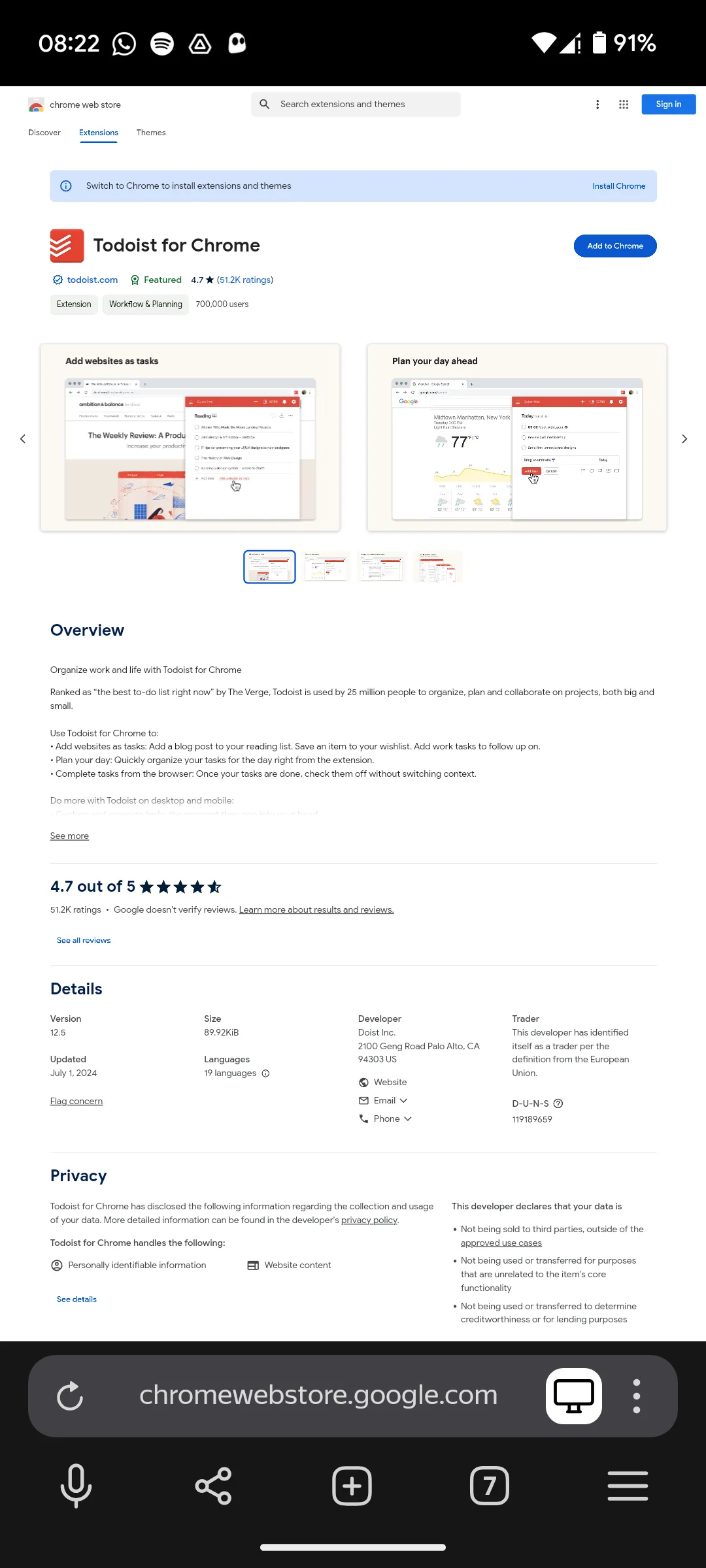 Trang tiện ích Todoist trên Chrome Web Store trong Yandex Browser, sẵn sàng để cài đặt