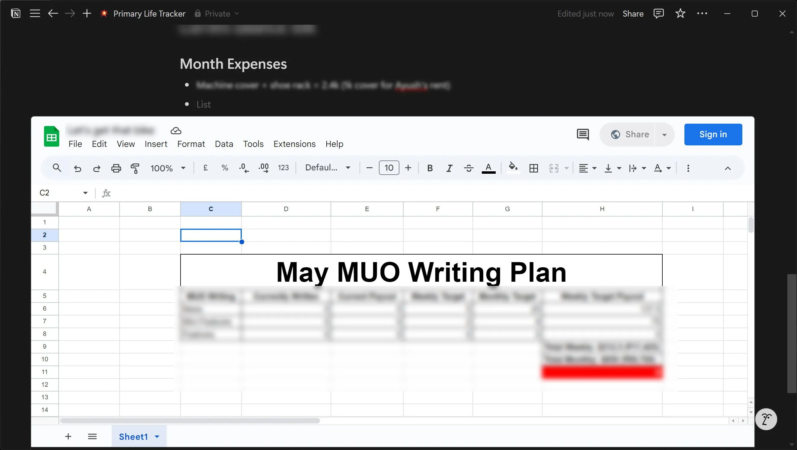 Trang tính Google Sheets được nhúng trực tiếp vào Notion, cho phép tích hợp dữ liệu và công thức từ bên ngoài