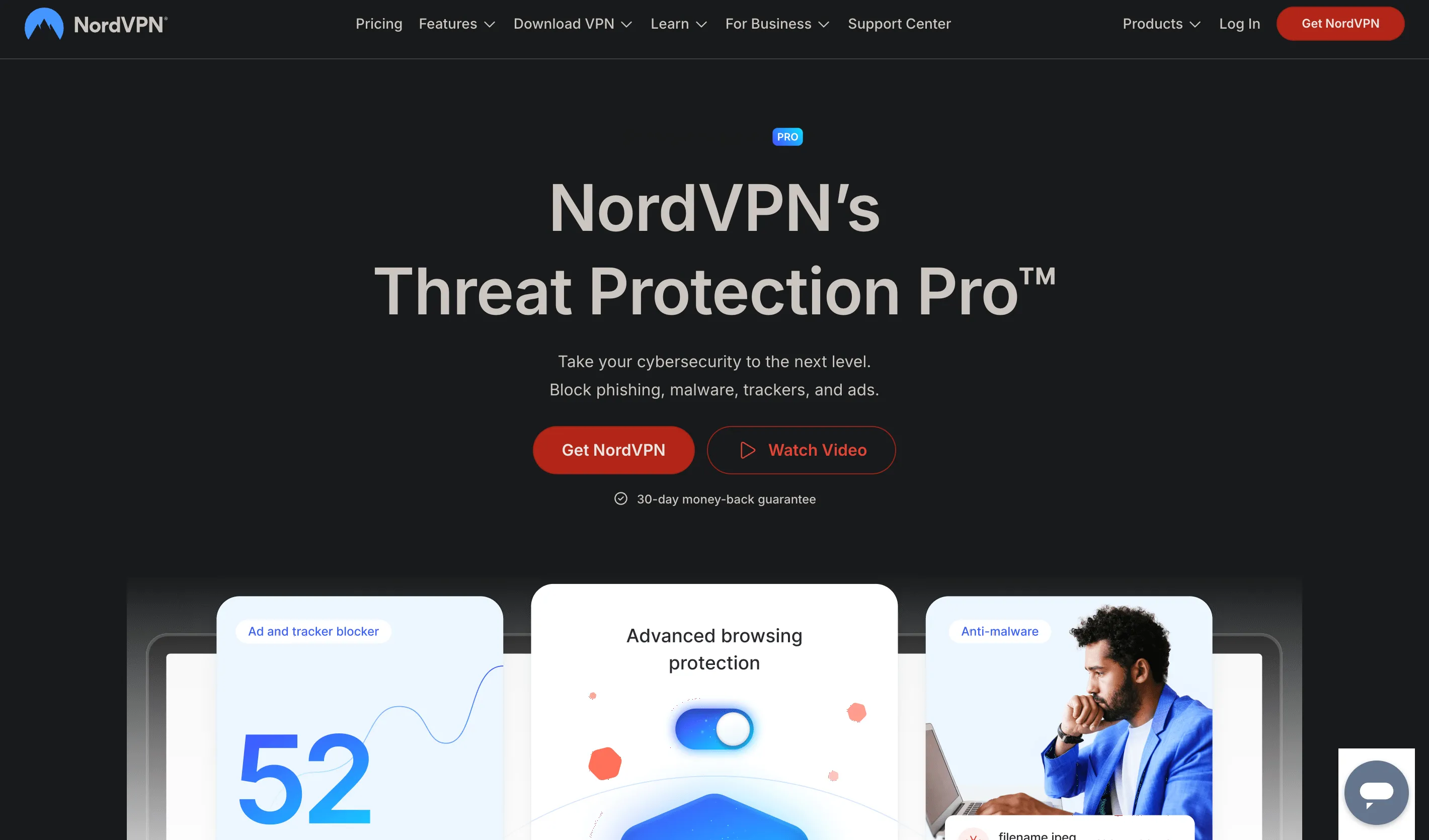 Trang tính năng NordVPN Threat Protection Pro hiển thị khả năng bảo vệ toàn diện khỏi các mối đe dọa trực tuyến