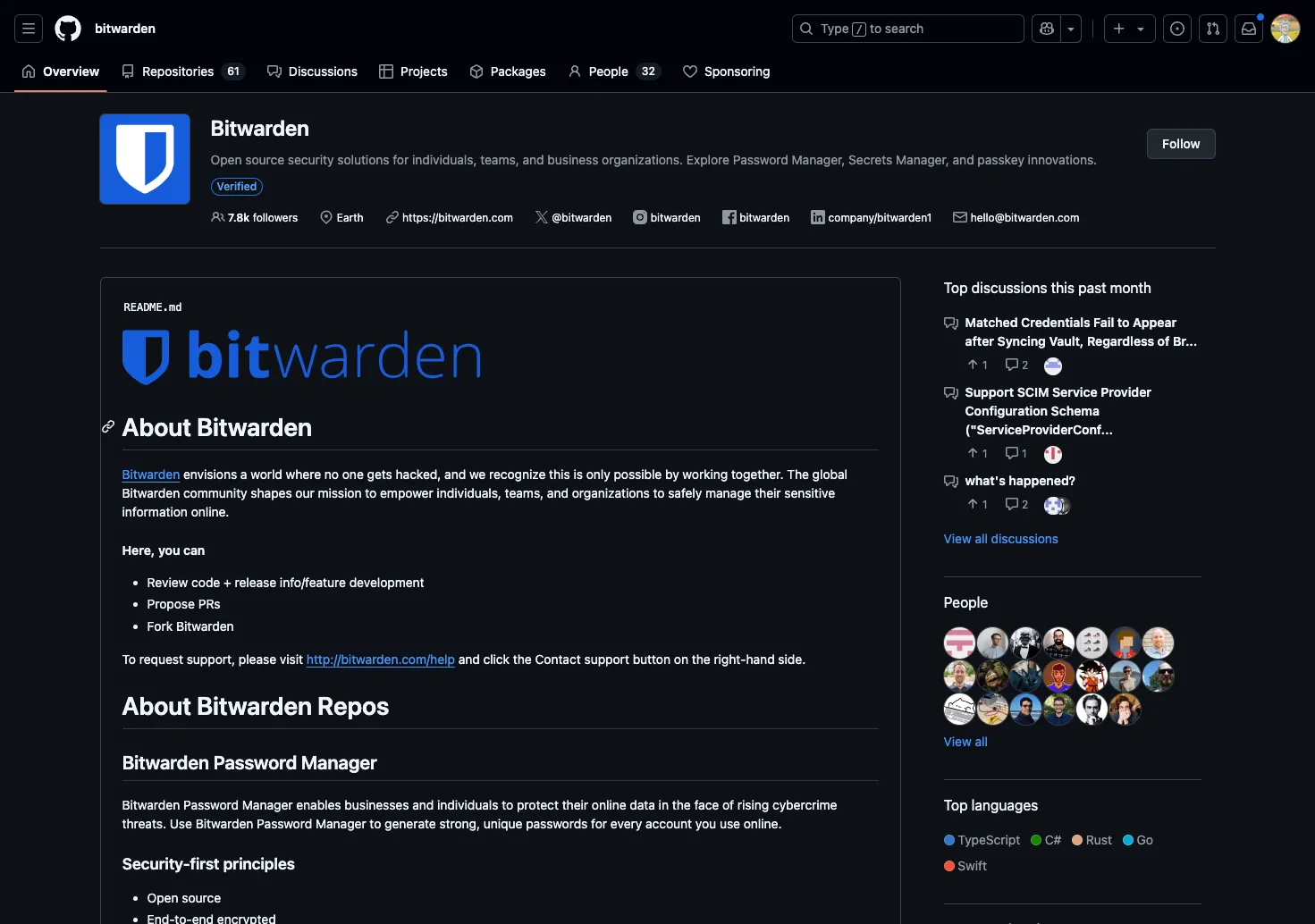 Trang tổ chức Bitwarden trên GitHub, thể hiện tính minh bạch của dự án mã nguồn mở.