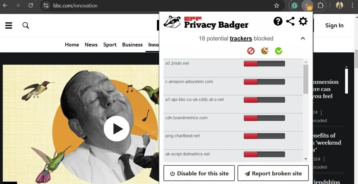 Trang web BBC với tiện ích Privacy Badger đang hoạt động trên Chrome