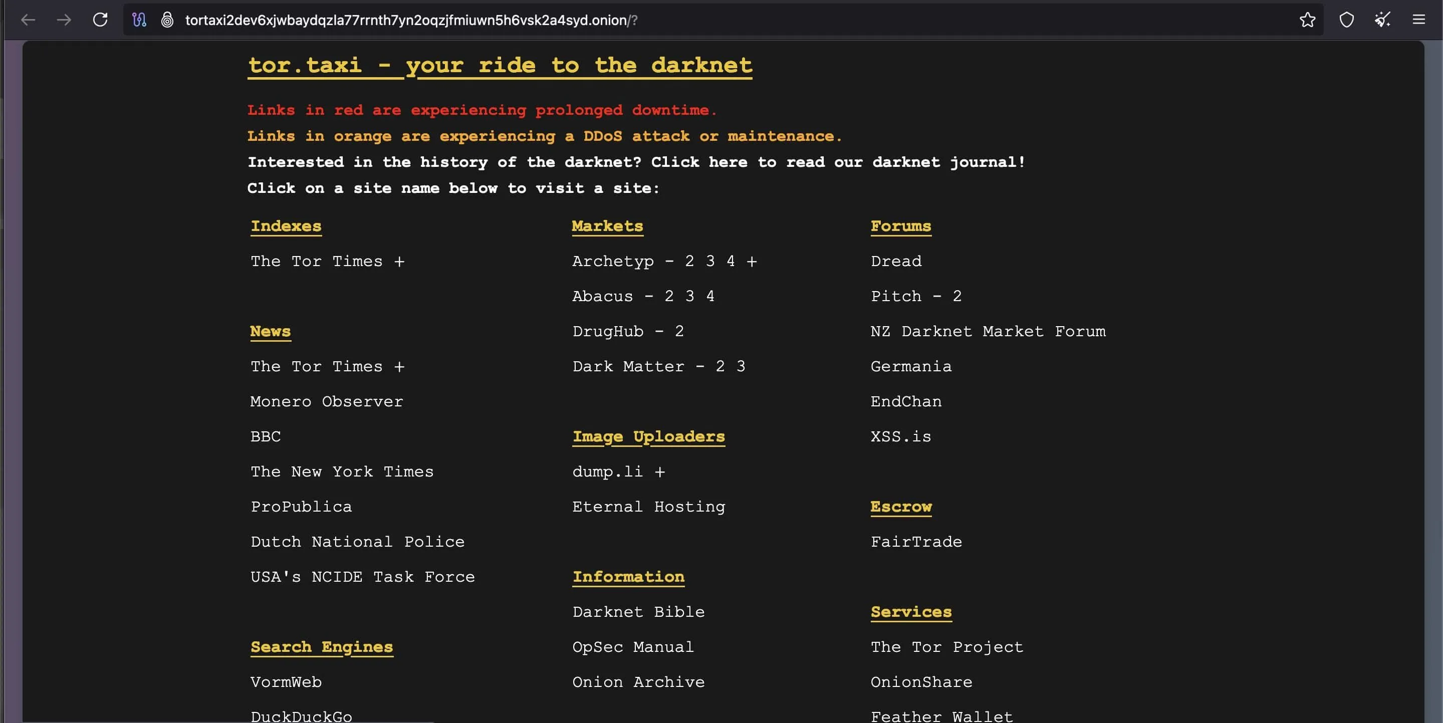 Trang web tor.taxi với tên miền .onion, ví dụ về cách một trang Dark Web hợp pháp hiển thị