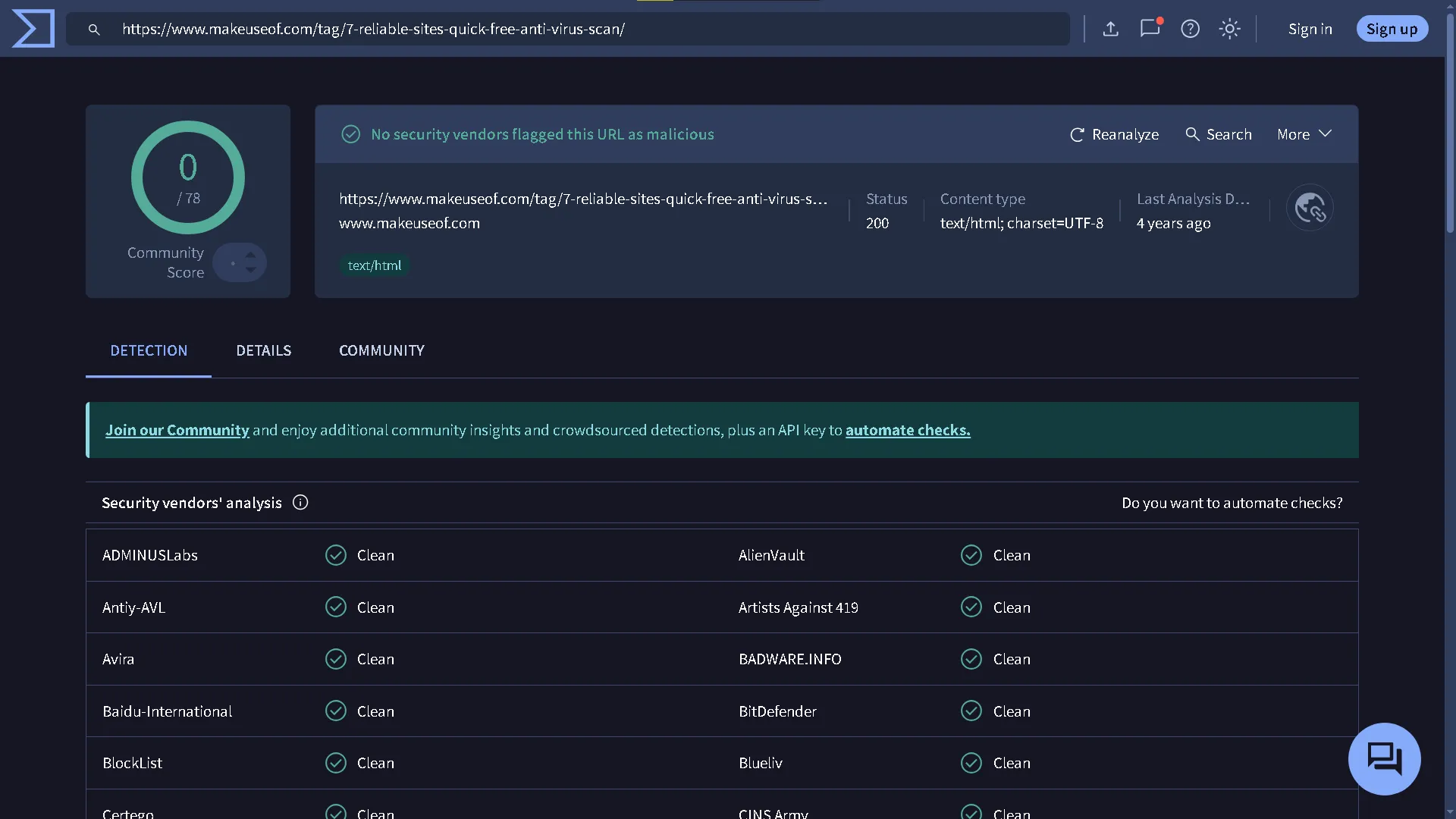 Trang web VirusTotal đang thực hiện quét một URL để kiểm tra virus