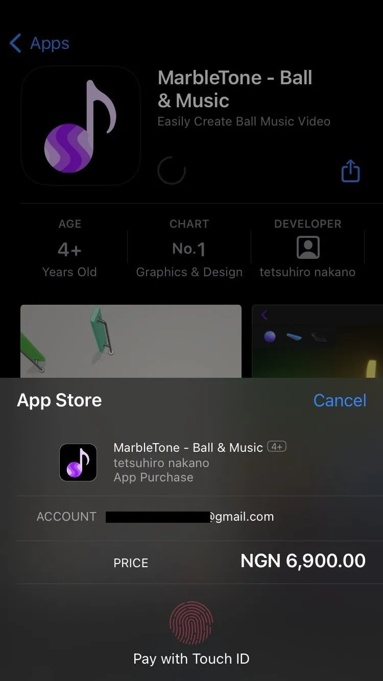 Trang xác nhận thanh toán trên App Store yêu cầu xác thực bằng Touch ID để hoàn tất giao dịch