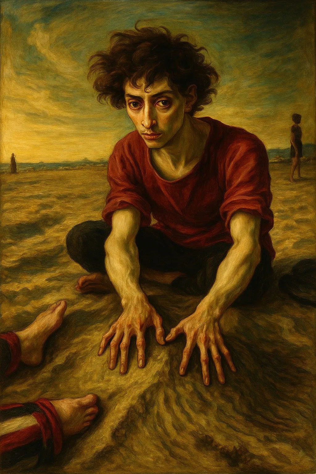 Tranh phong cách Mannerism thể hiện người đàn ông ngồi trên bãi biển, với các đặc điểm kéo dài và biến dạng