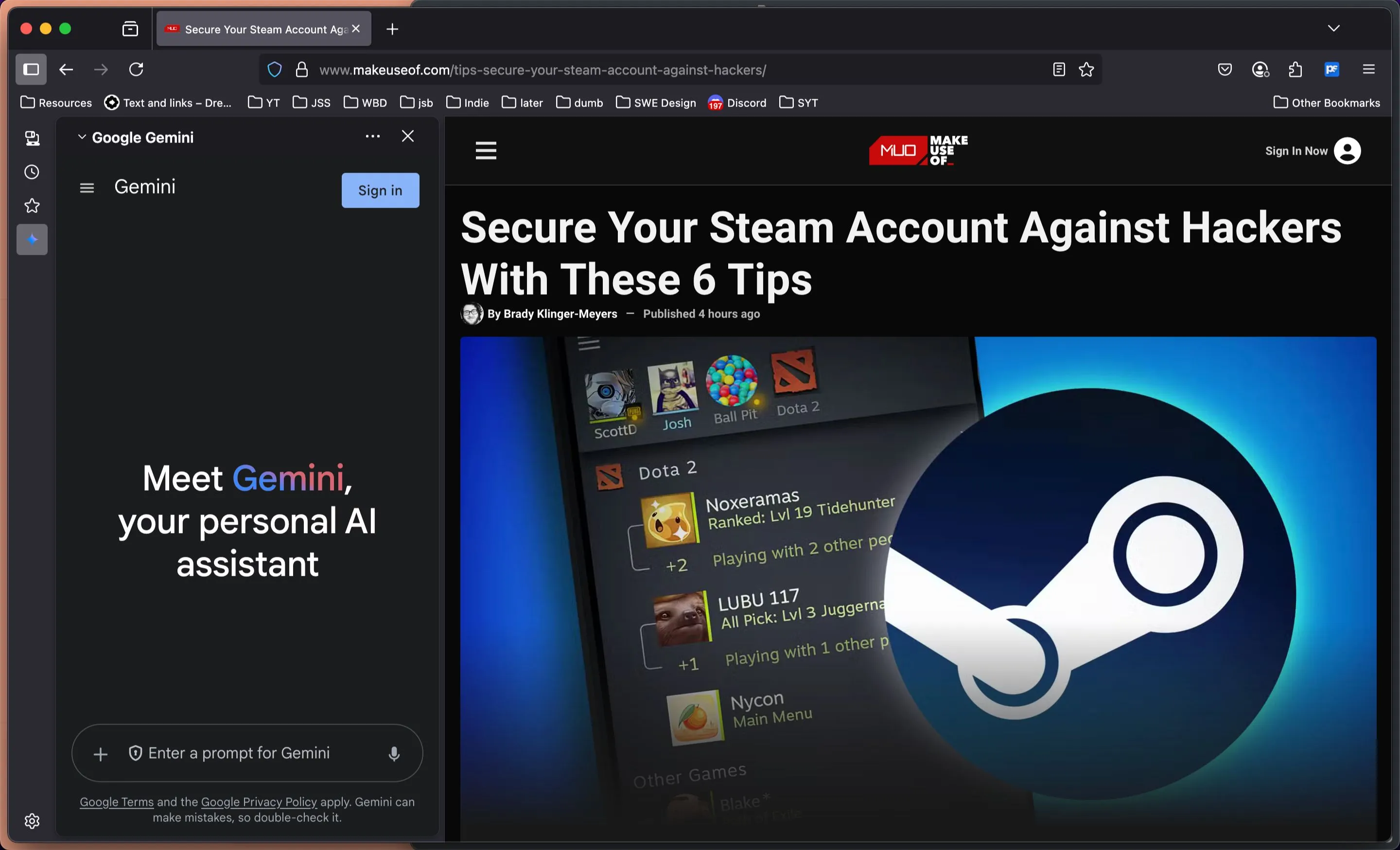 Trình duyệt Mozilla Firefox hiển thị thanh bên AI với Google Gemini đang hoạt động