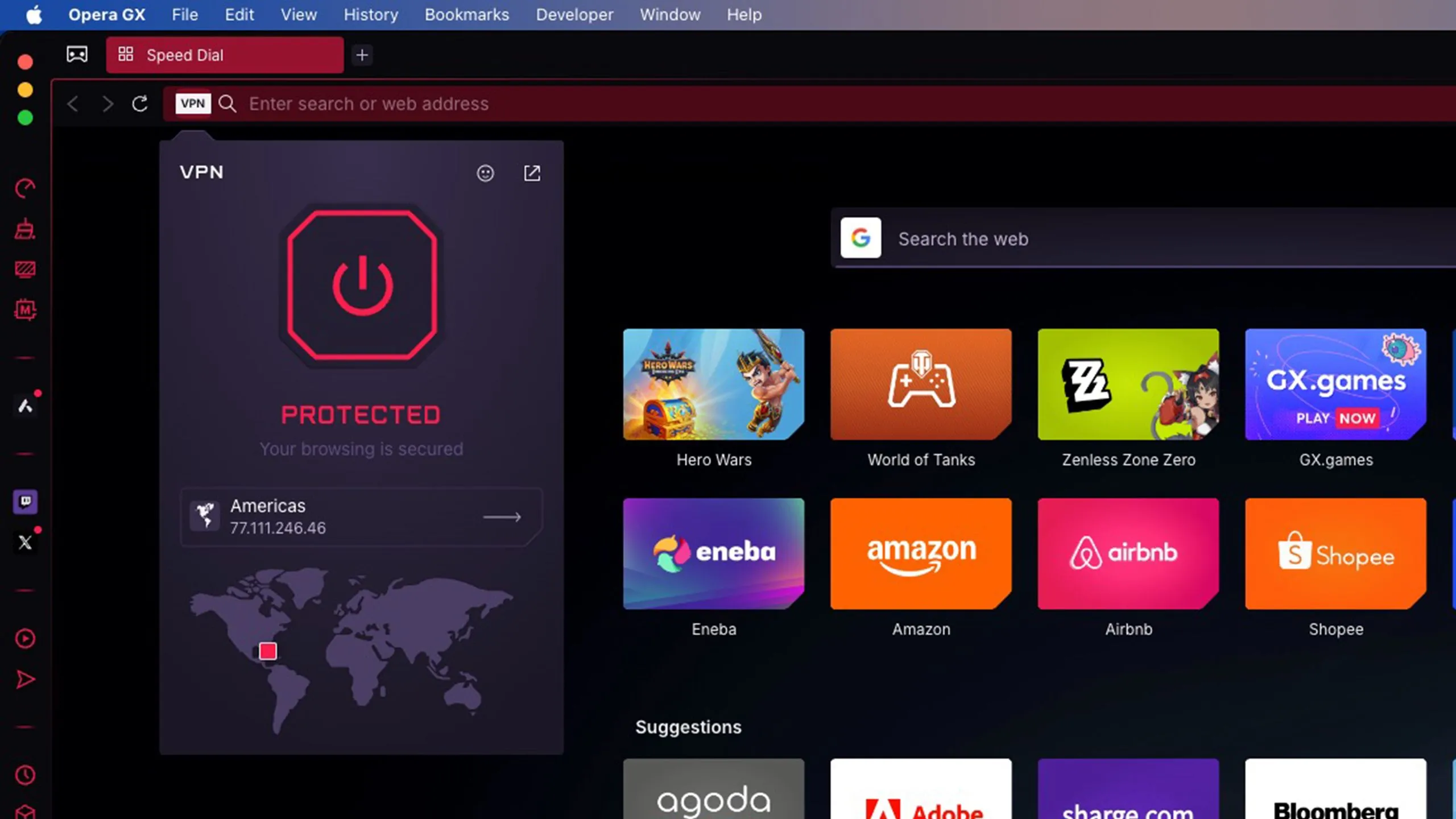 Trình duyệt Opera GX với tính năng VPN tích hợp đang hoạt động, giúp vượt qua bóp băng thông