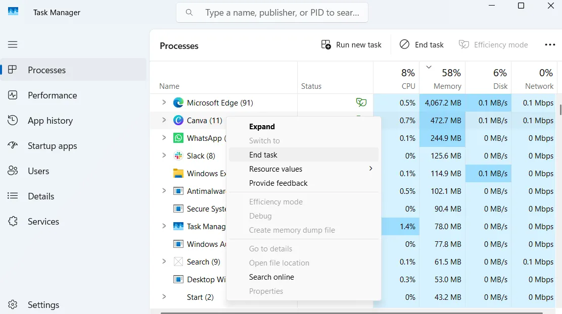Trình quản lý tác vụ (Task Manager) trên Windows hiển thị tùy chọn kết thúc tác vụ cho ứng dụng Canva