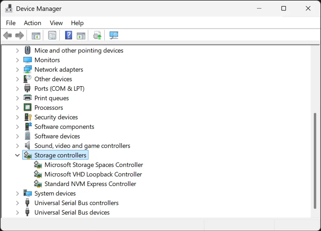 Trình quản lý thiết bị Windows với bộ điều khiển lưu trữ được đánh dấu