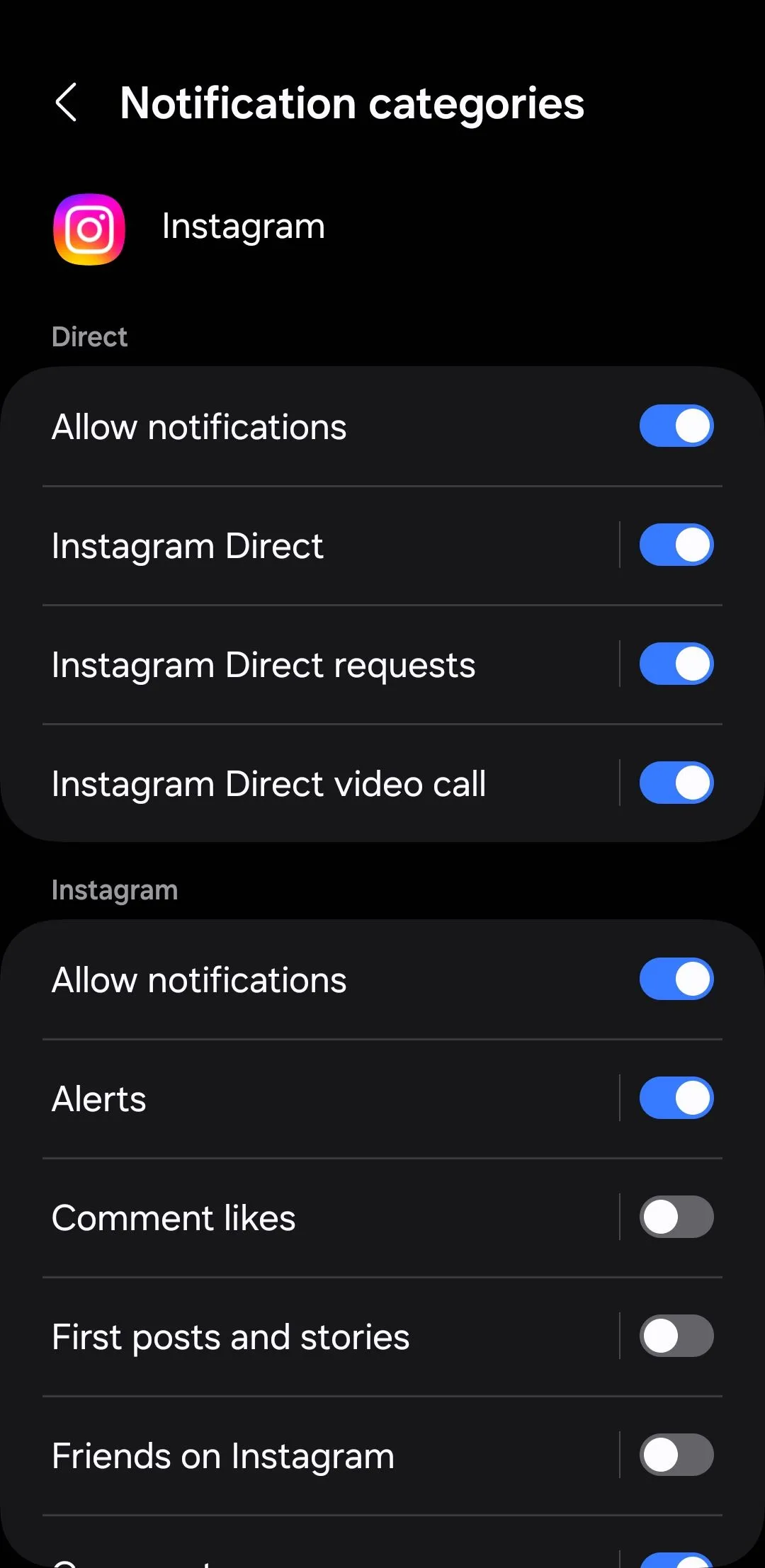 Tùy chỉnh các danh mục thông báo của Instagram trên Android để giảm phiền nhiễu