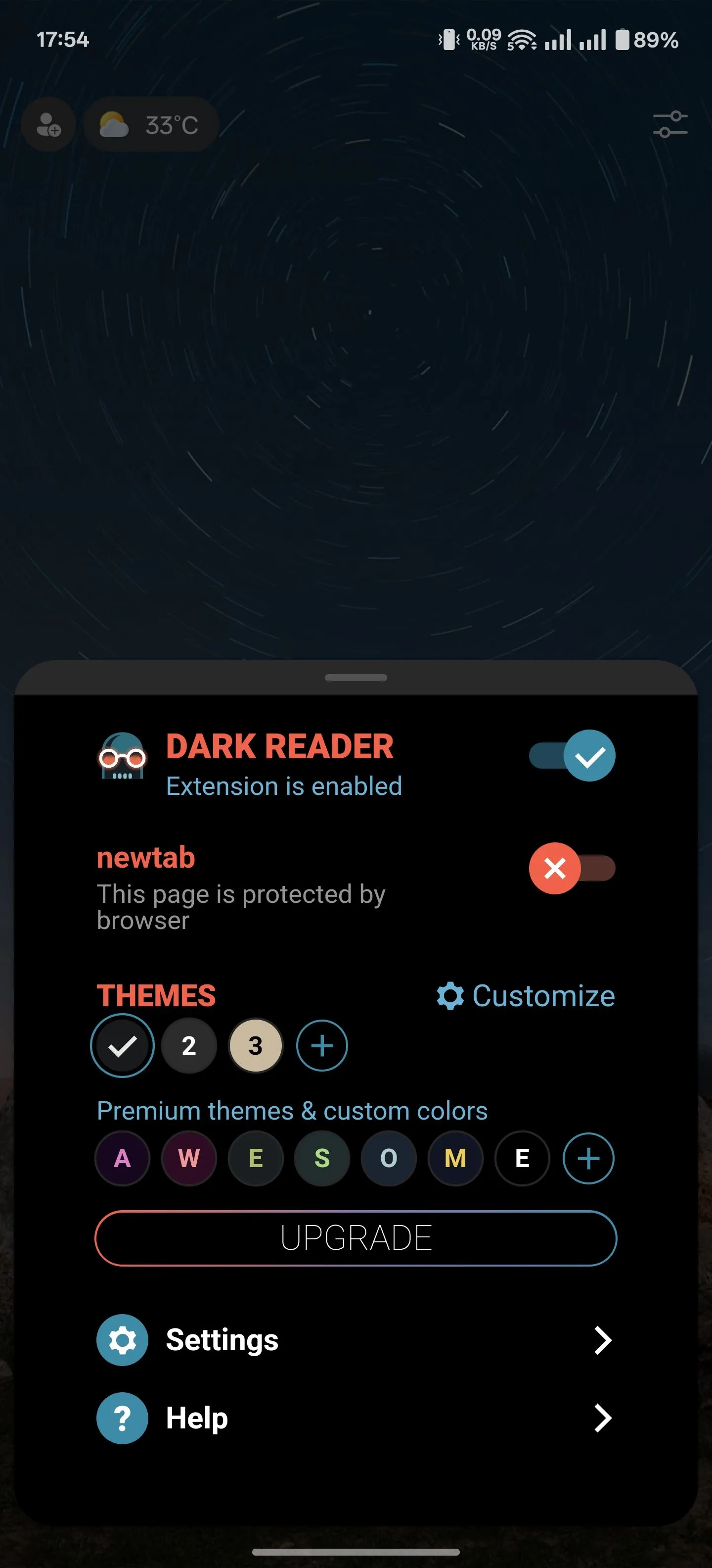 Tùy chỉnh cài đặt cho tiện ích Dark Reader trên trình duyệt Edge Android