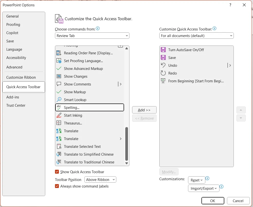 Tùy chỉnh thêm lệnh vào Quick Access Toolbar trong PowerPoint thông qua File Options.
