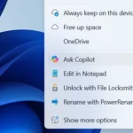Tùy chọn "Ask Copilot" xuất hiện trong menu ngữ cảnh của File Explorer trên Windows.