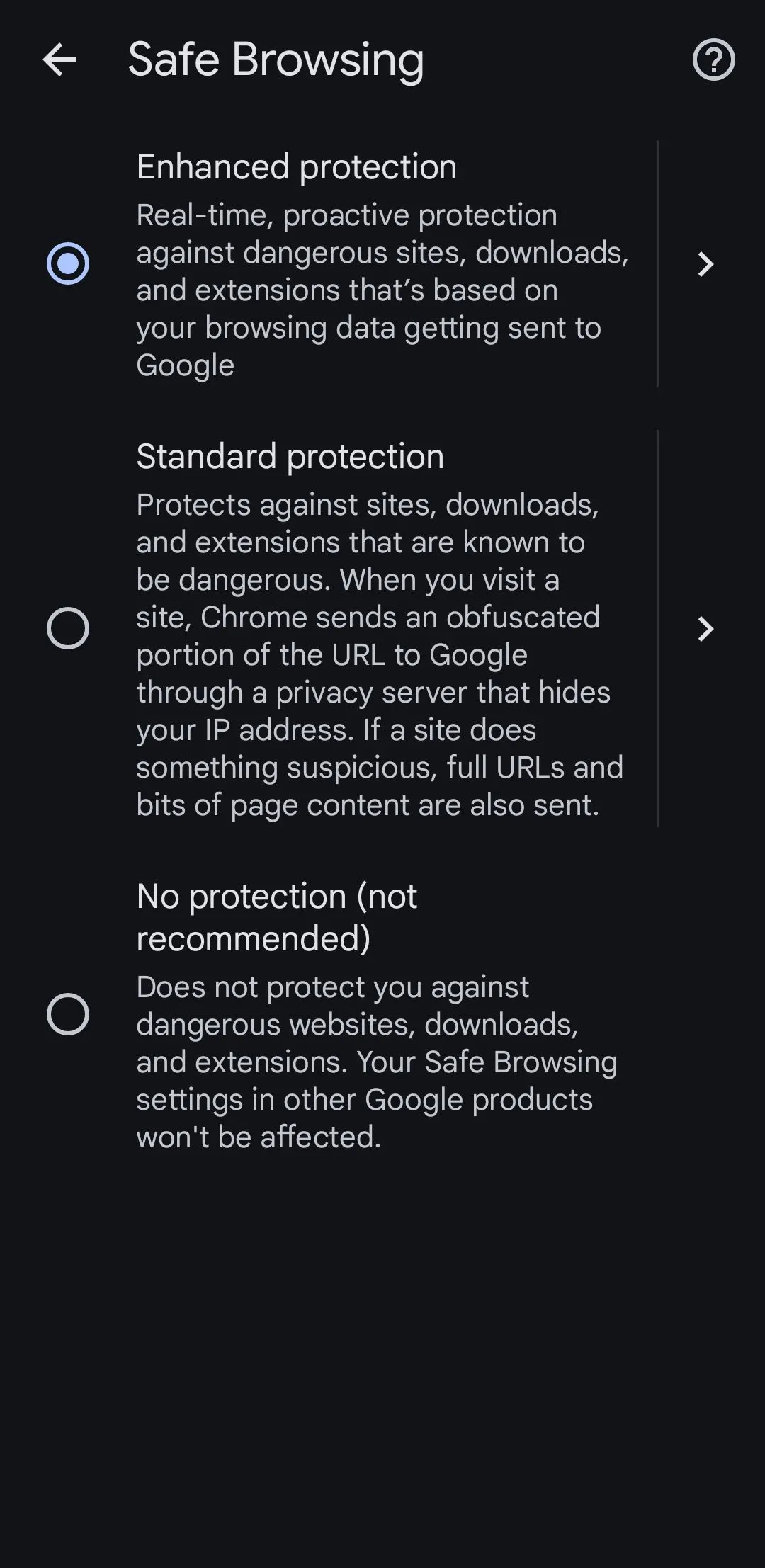 Tùy chọn bảo vệ nâng cao trong chế độ duyệt web an toàn của Chrome trên Android.