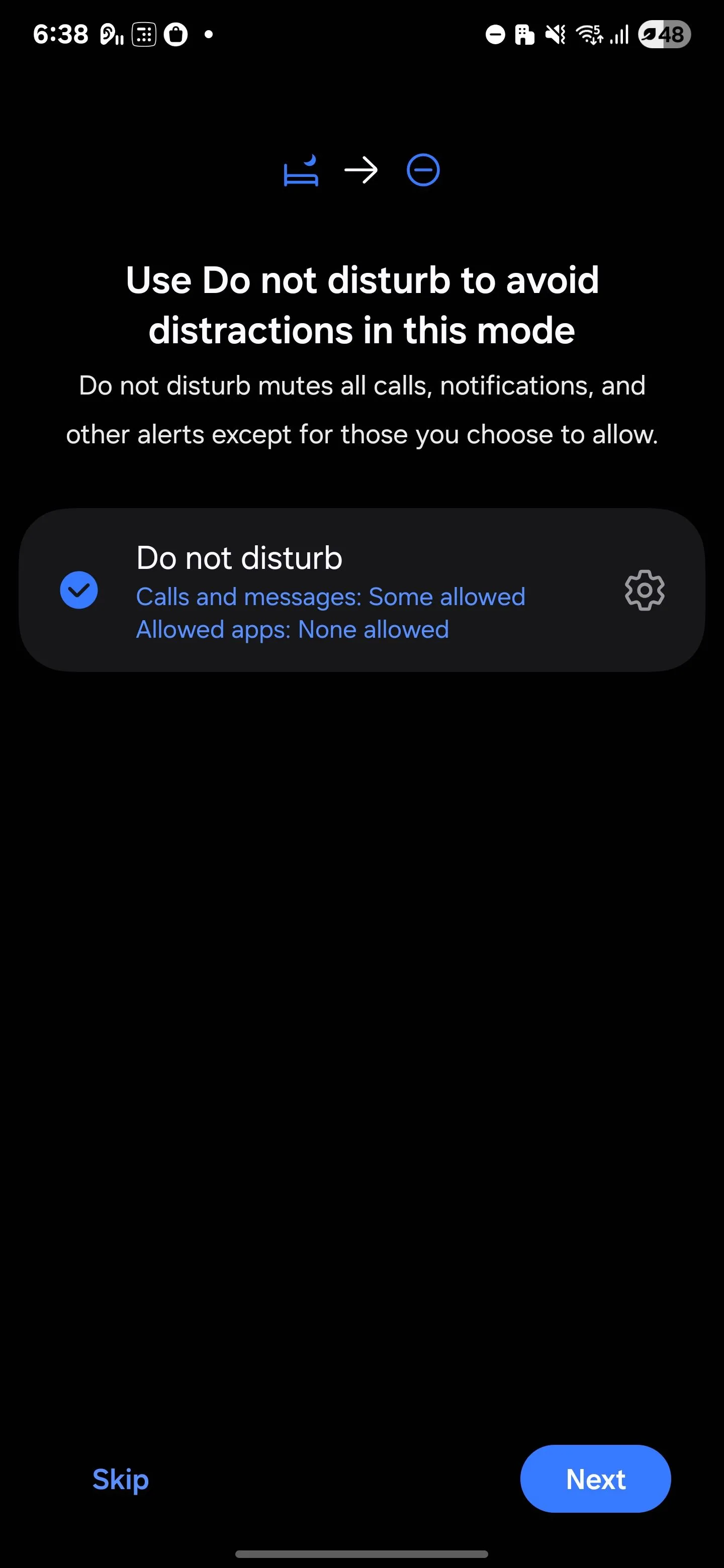 Tùy chọn bật chế độ Không làm phiền (Do Not Disturb) trong cài đặt Chế độ Giờ đi ngủ của Digital Wellbeing trên Samsung.