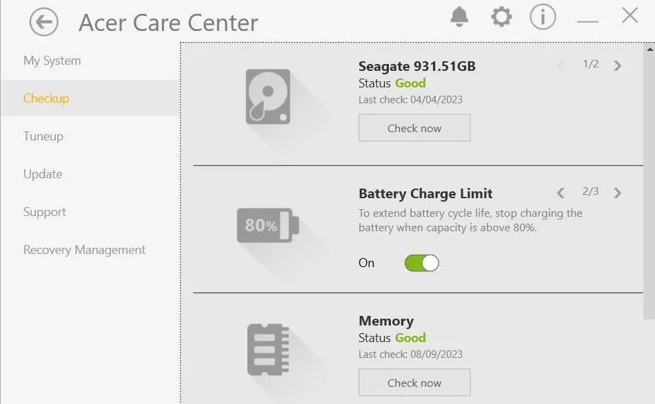 Tùy chọn Battery Charge Limit trong ứng dụng Acer Care Center để hạn chế sạc pin