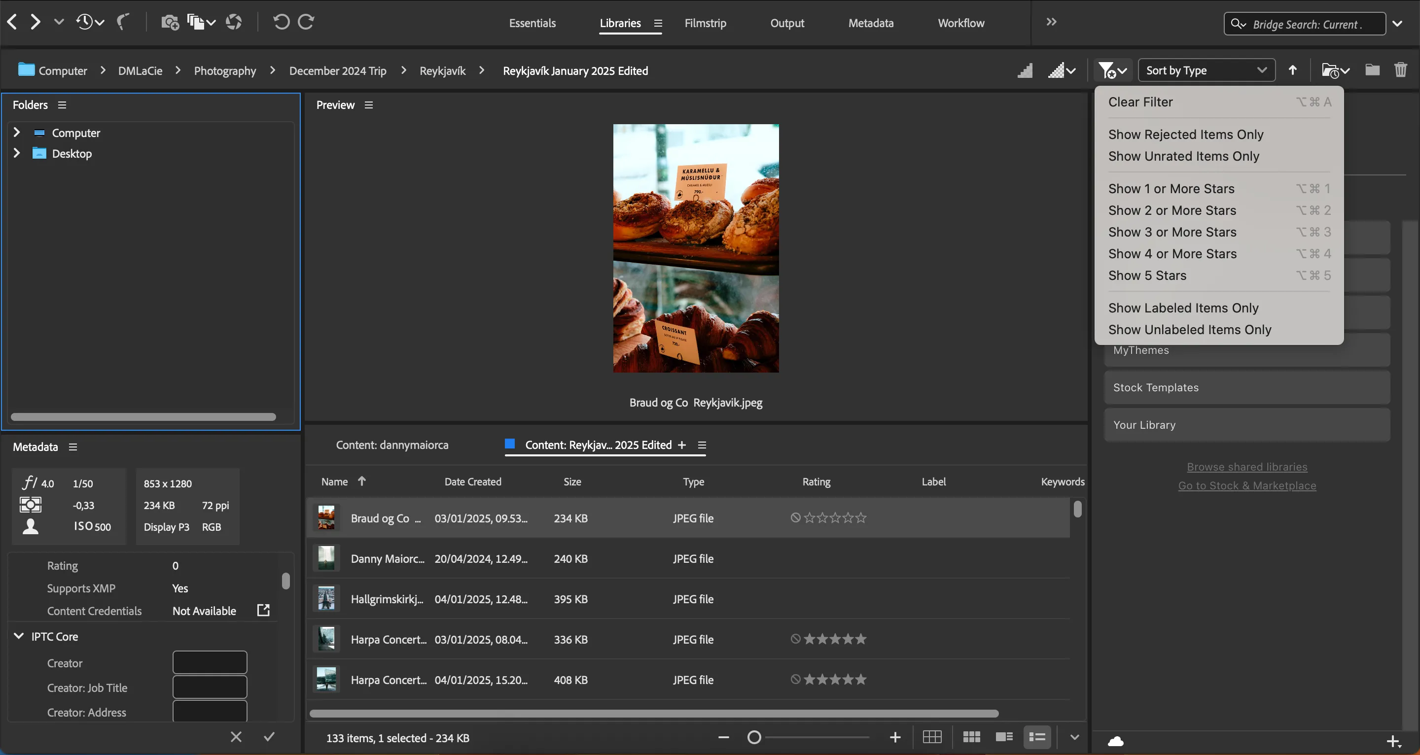 Tùy chọn bộ lọc ảnh trong Adobe Bridge để sắp xếp hiệu quả