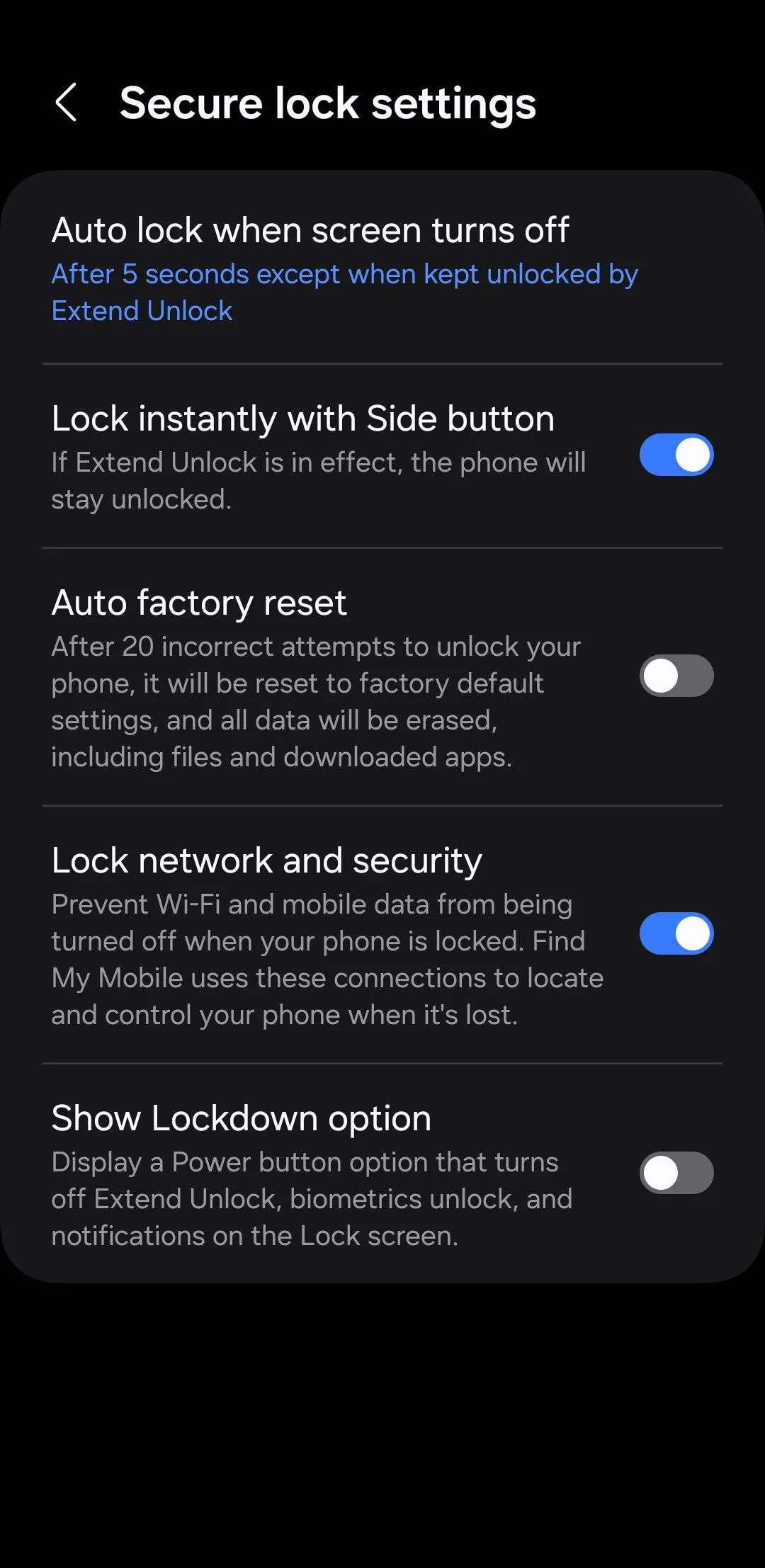 Tùy chọn cài đặt khóa bảo mật trên Android để tắt truy cập cài đặt nhanh.
