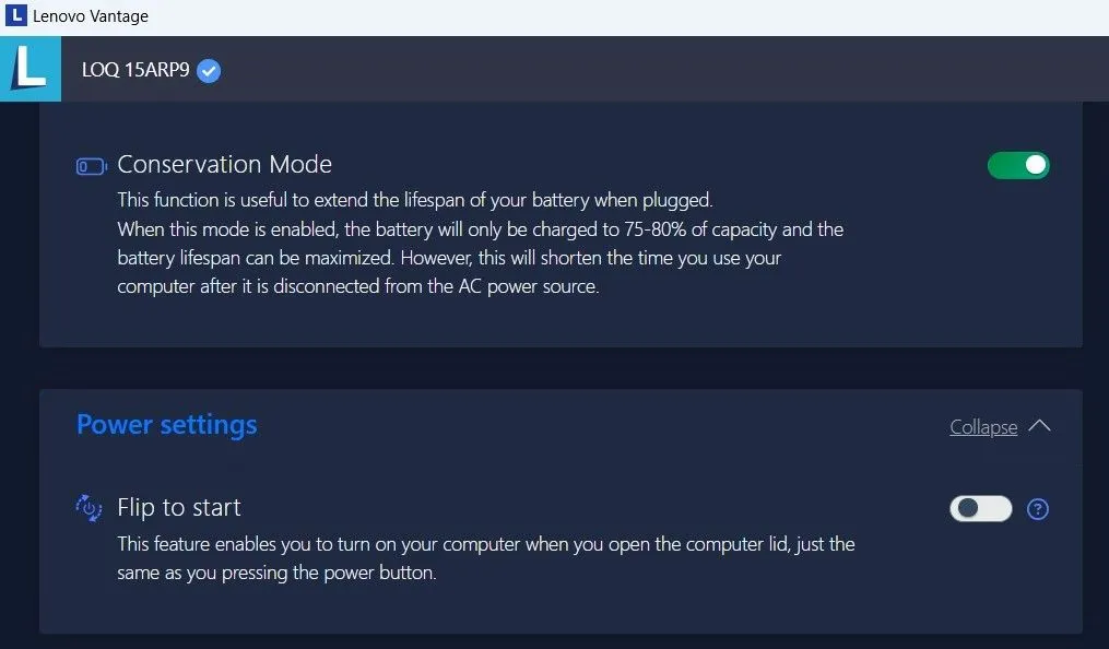 Tùy chọn Chế độ Bảo tồn pin trong Lenovo Vantage
