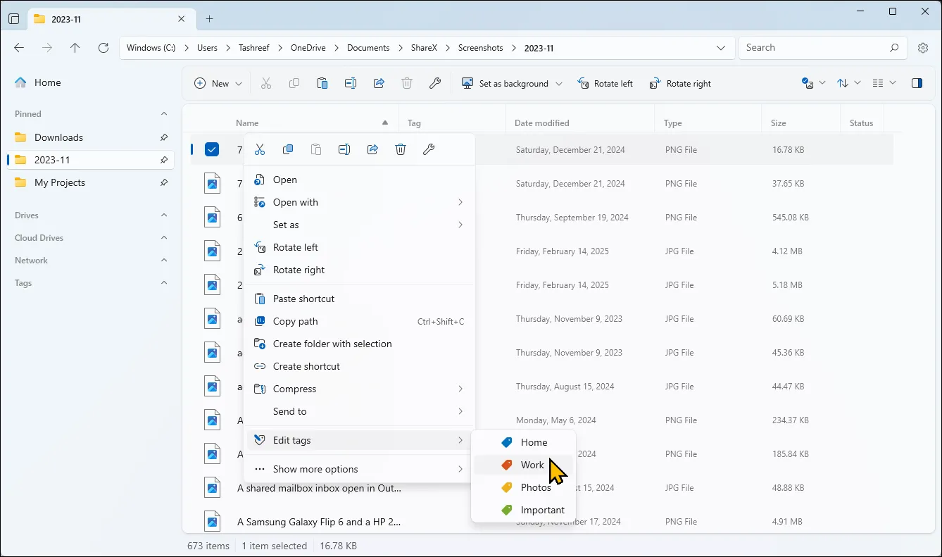 Tùy chọn chỉnh sửa thẻ (tag) cho tệp tin trong Windows 11, cho thấy khả năng tổ chức tệp bằng siêu dữ liệu.