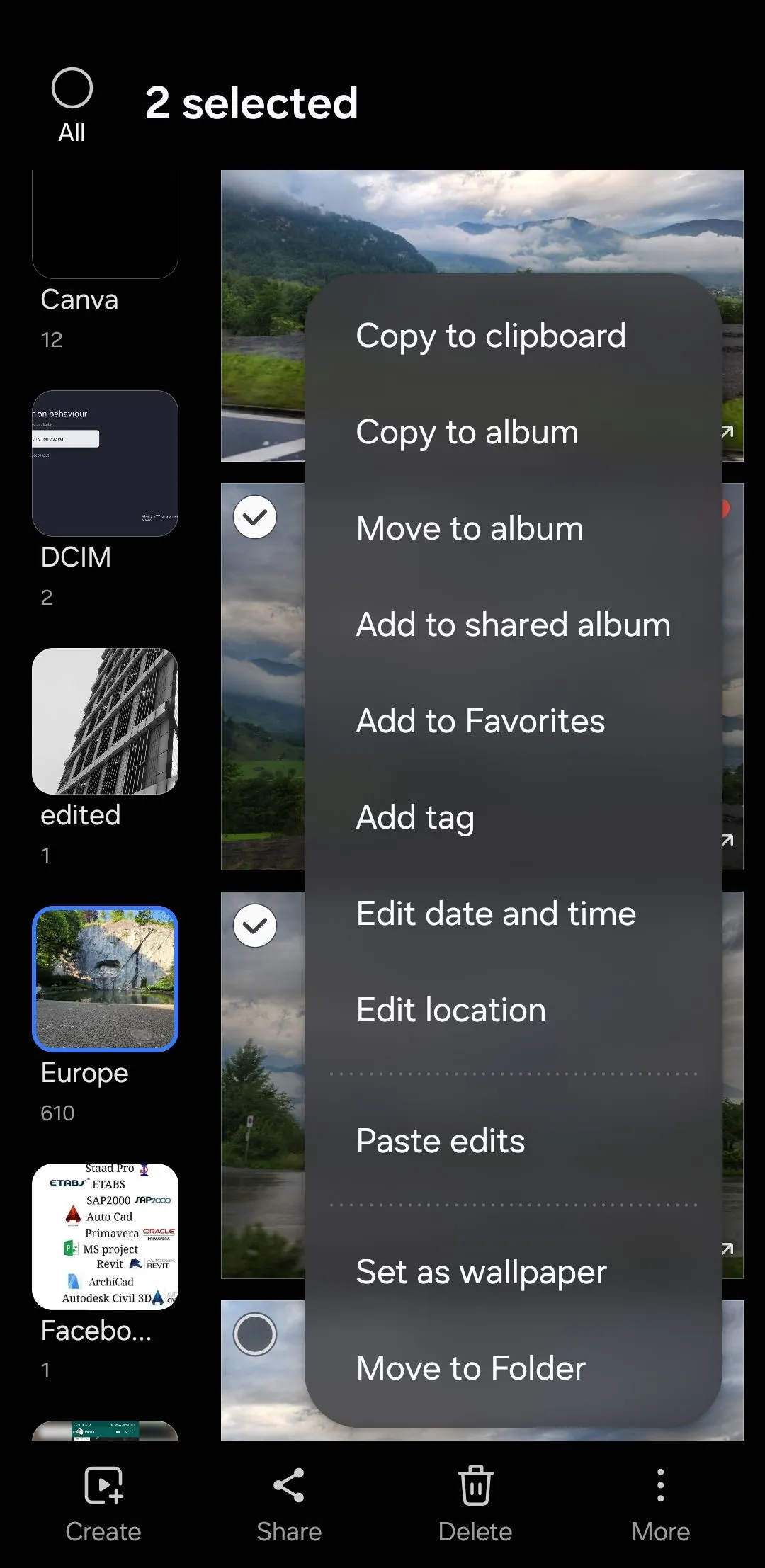 Tùy chọn Dán chỉnh sửa (Paste Edits) trong menu ba chấm của ứng dụng Samsung Gallery