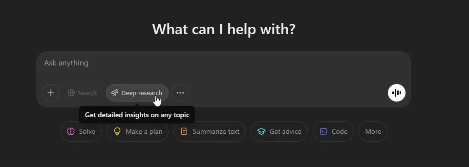 Tùy chọn Deep Research trong giao diện web của ChatGPT dành cho người dùng Plus
