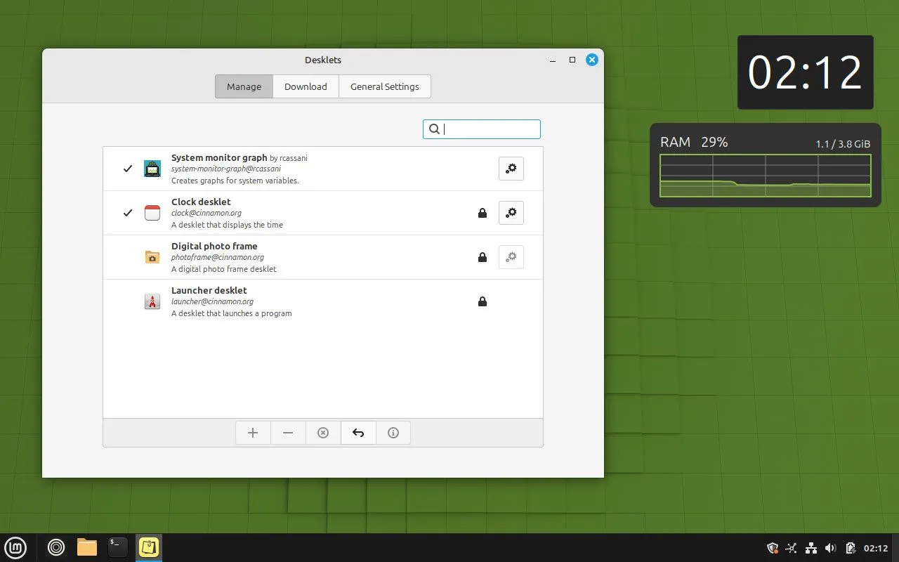 Tùy chọn Desklet mở trên Linux Mint, minh họa khả năng cá nhân hóa giao diện desktop của hệ điều hành này.