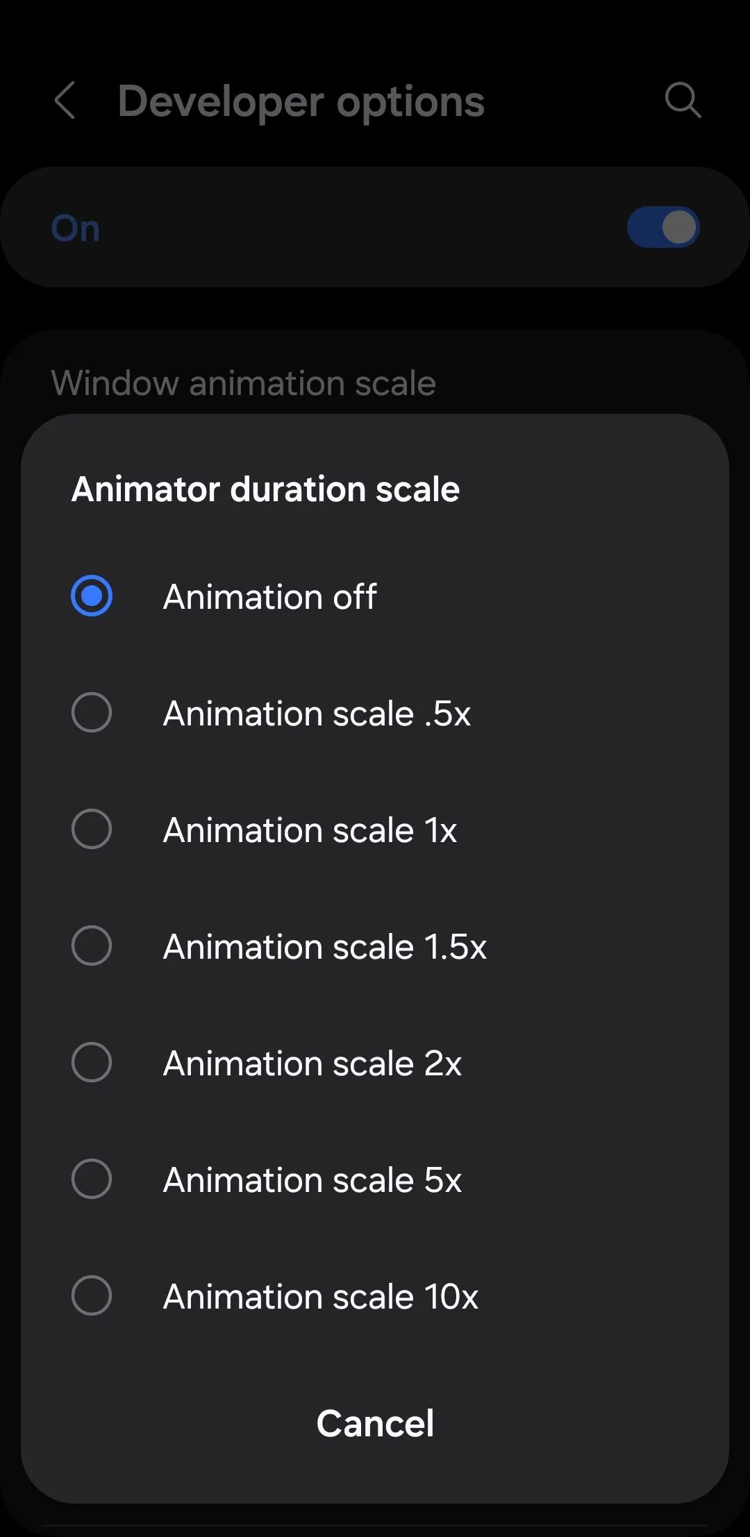 Tùy chọn điều chỉnh tỷ lệ hoạt ảnh (Animator animation scale) trong menu Tùy chọn nhà phát triển của Android