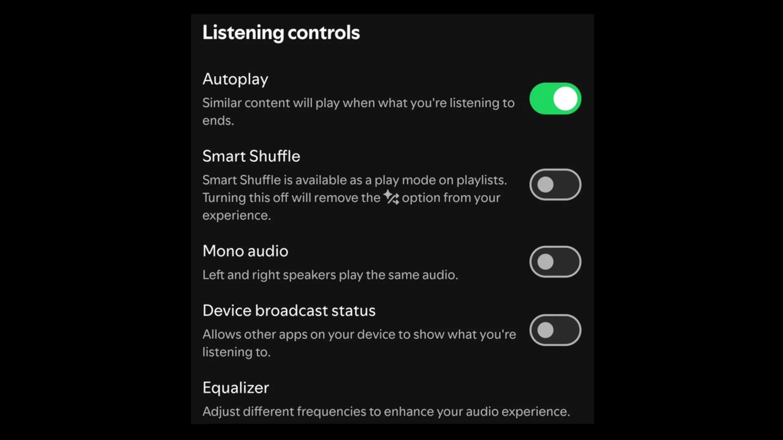 Tùy chọn Điều khiển Nghe (Listening controls) với công tắc Smart Shuffle trên Spotify