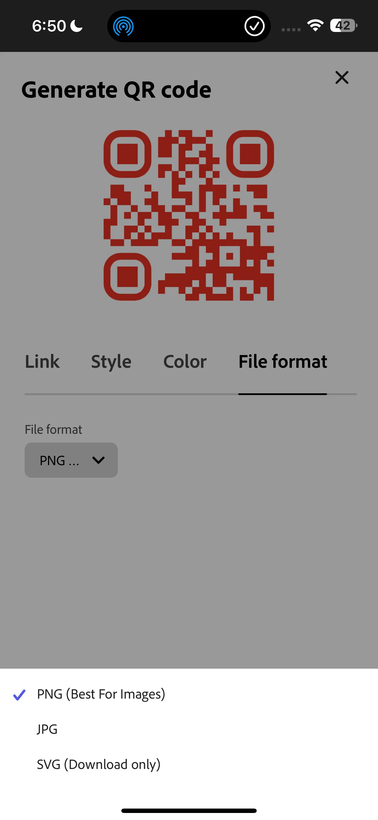 Tùy chọn định dạng file khi tạo mã QR trong Adobe Express (PNG, JPG, SVG)