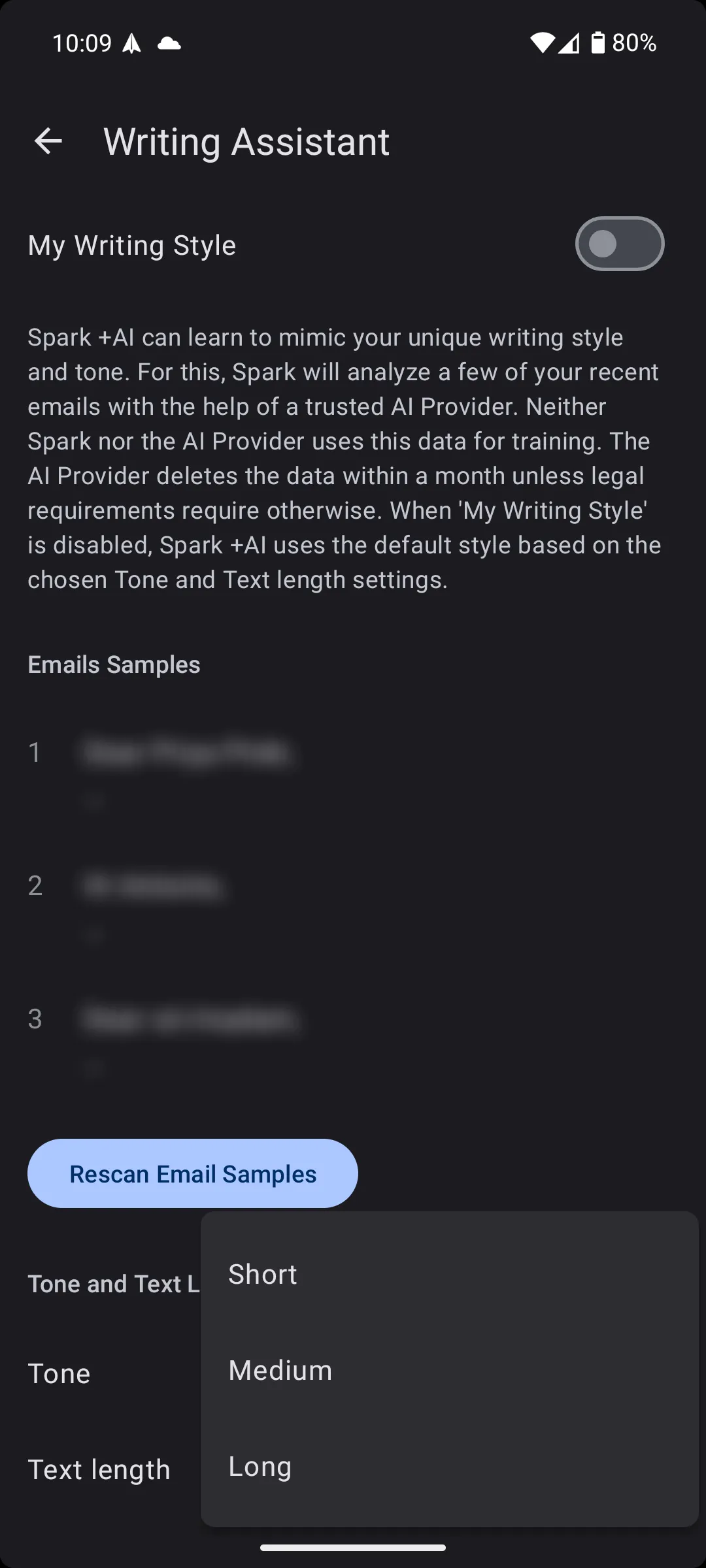 Tùy chọn độ dài văn bản trong trợ lý viết AI của Spark Mail
