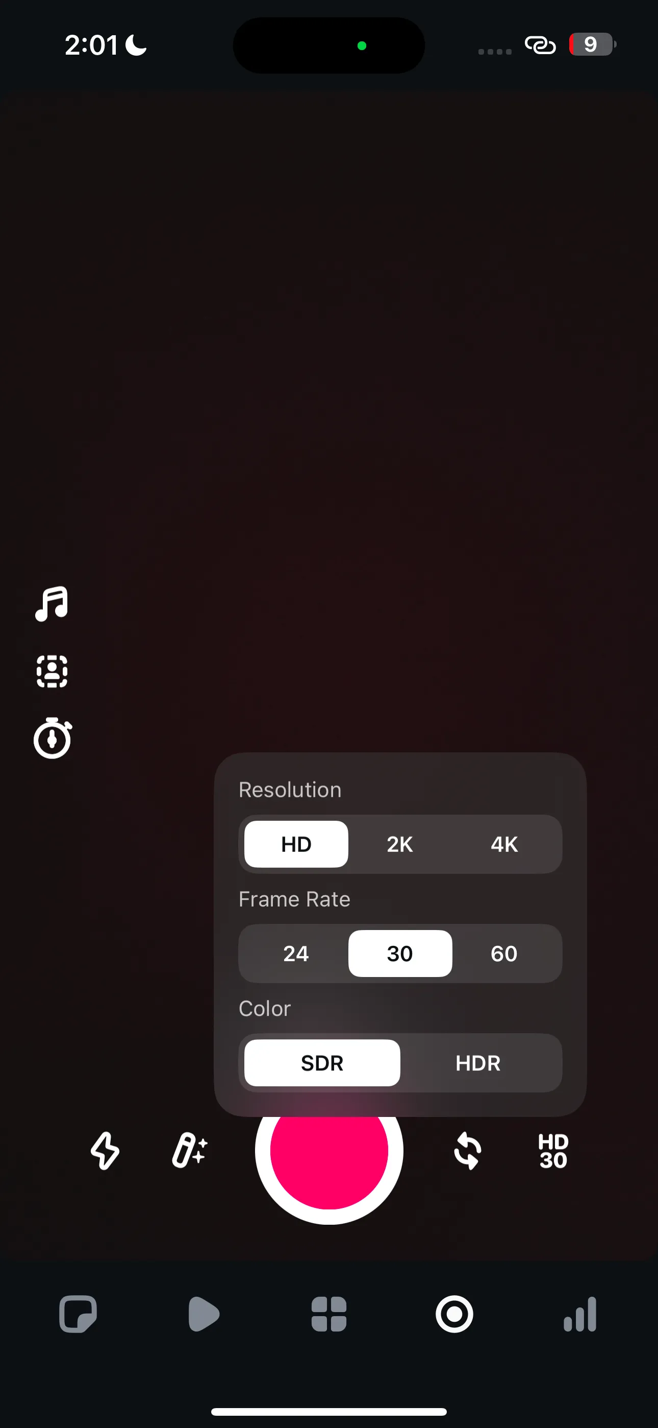 Tùy chọn độ phân giải, tốc độ khung hình và màu sắc trong camera của Edits app