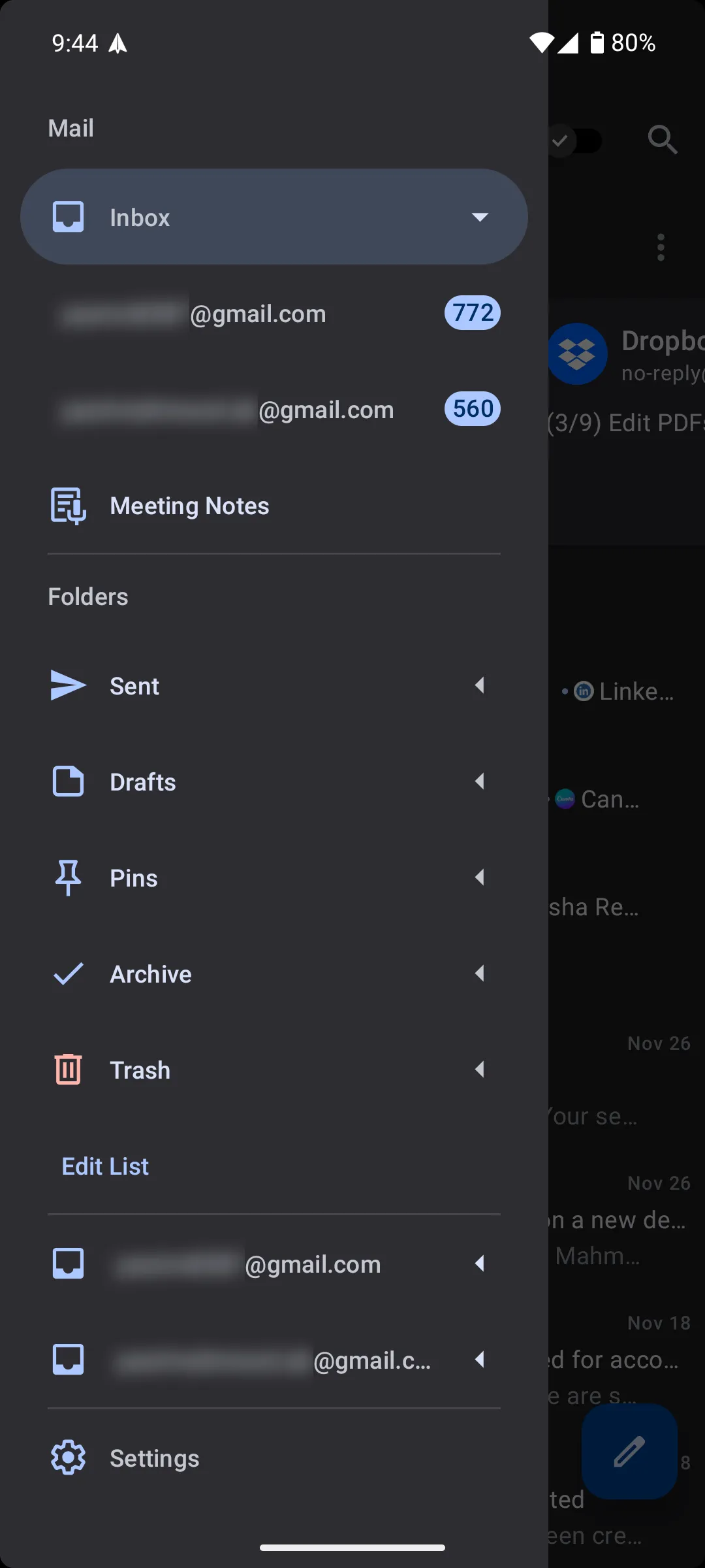 Tùy chọn ghi chú cuộc họp trong thanh điều hướng của Spark Mail