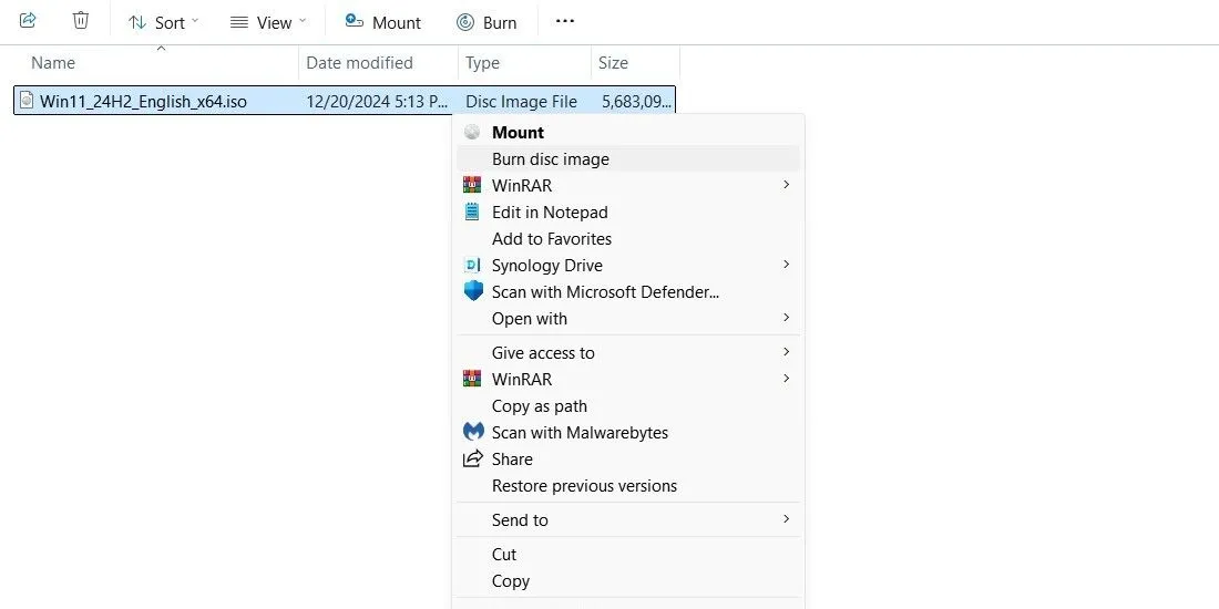 Tùy chọn ghi file ảnh đĩa Windows ra DVD từ menu chuột phải