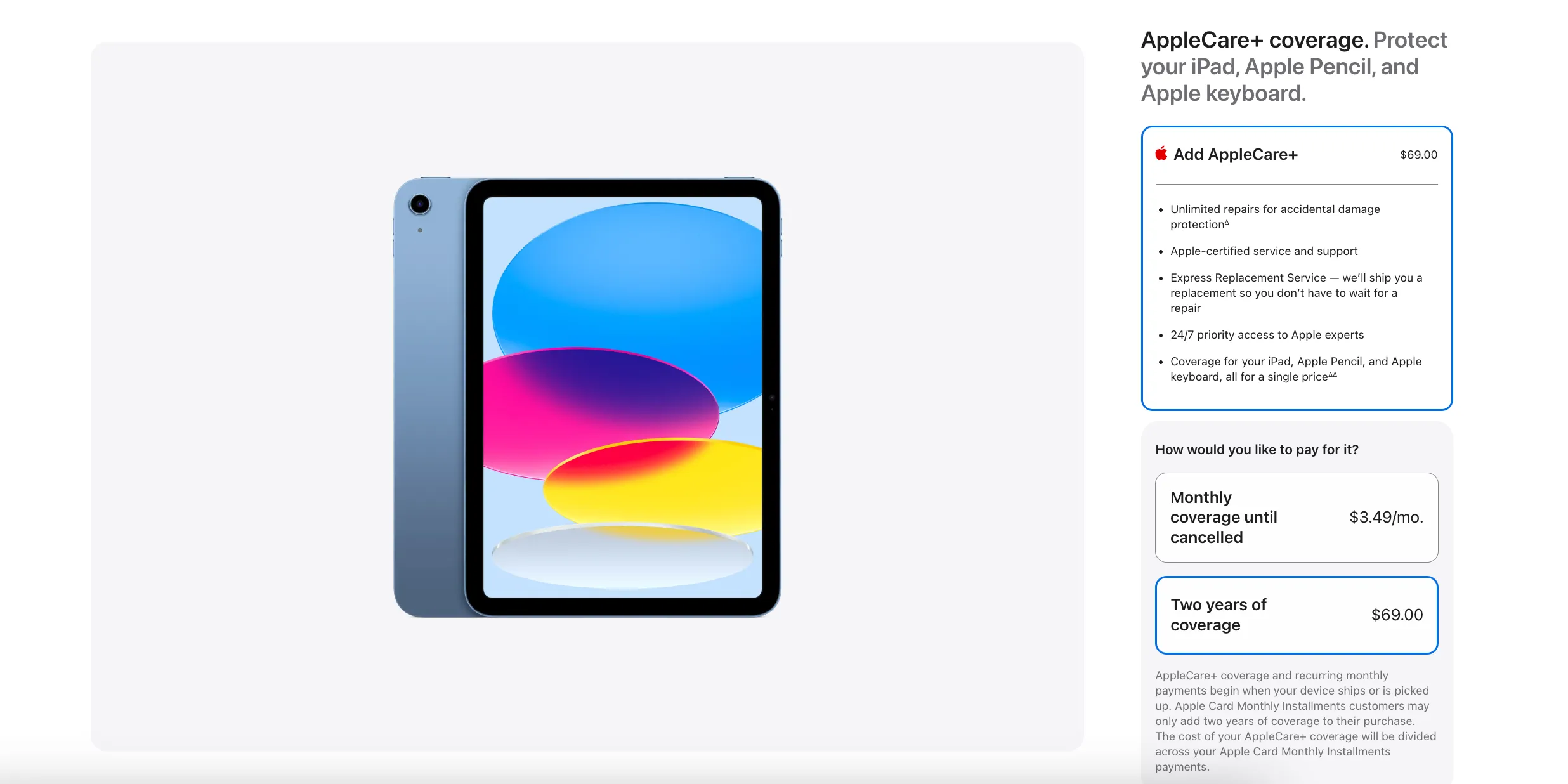 Tùy chọn gói bảo vệ AppleCare+ cho iPad trên trang web chính thức của Apple, hiển thị cả lựa chọn trả trước và đăng ký hàng tháng.