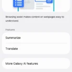 Tùy chọn Hỗ trợ Duyệt Web (Browsing Assist) của Galaxy AI trên trình duyệt Samsung Internet, minh họa tính năng tóm tắt nội dung trang web.